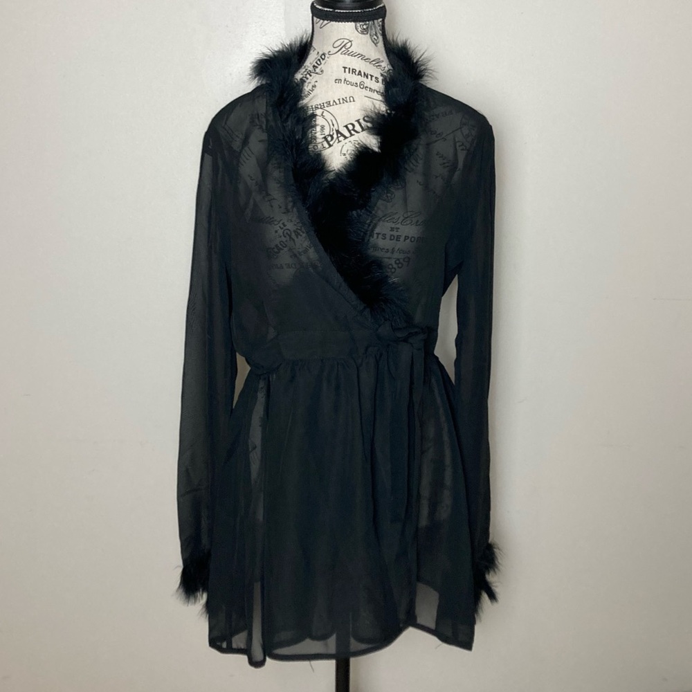NWT Black Sheer Mini Marabou Peignoir Robe 24 HRS Faux Fur Trim Tie Waist small